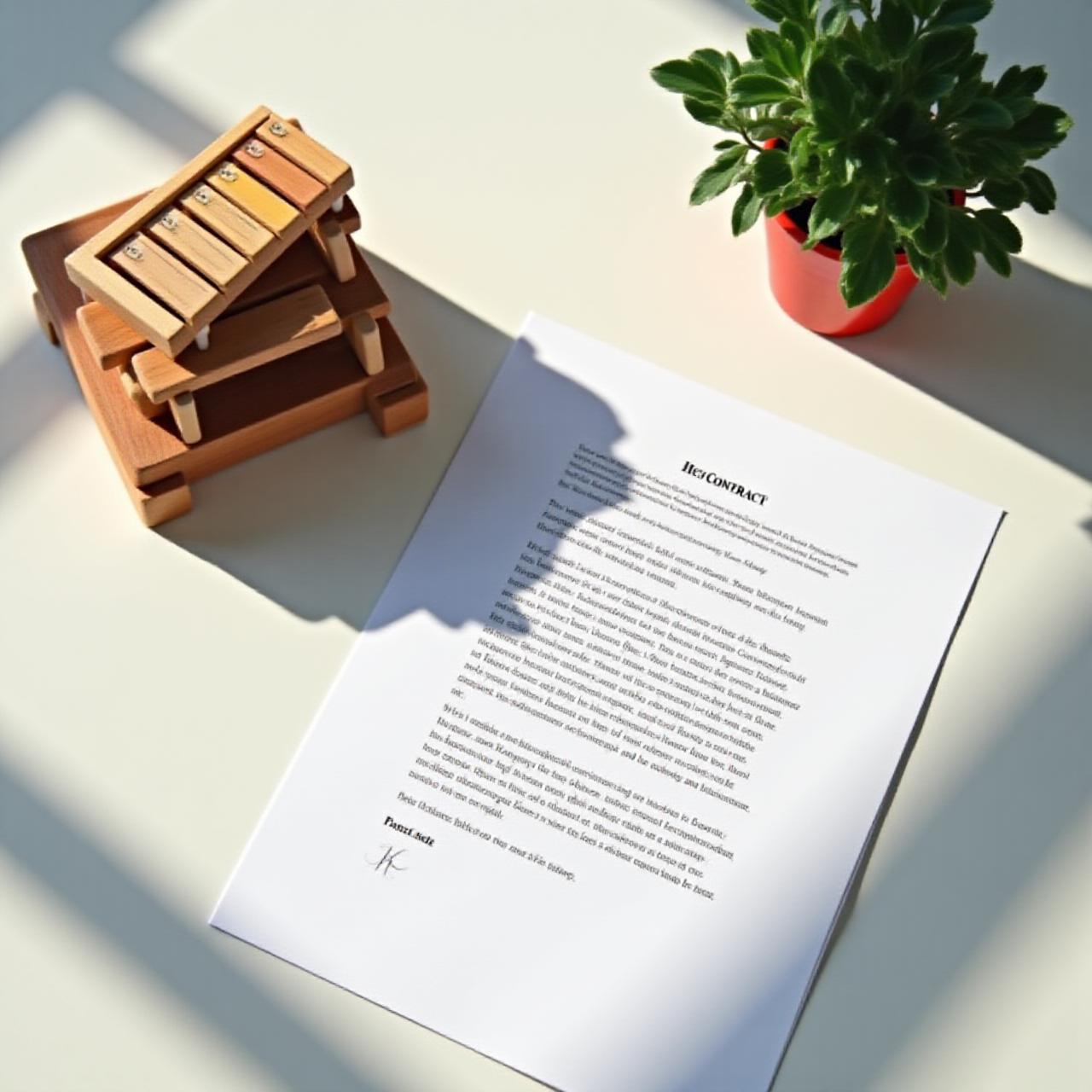 Close up of traditional wooden musical instruments and legal documents