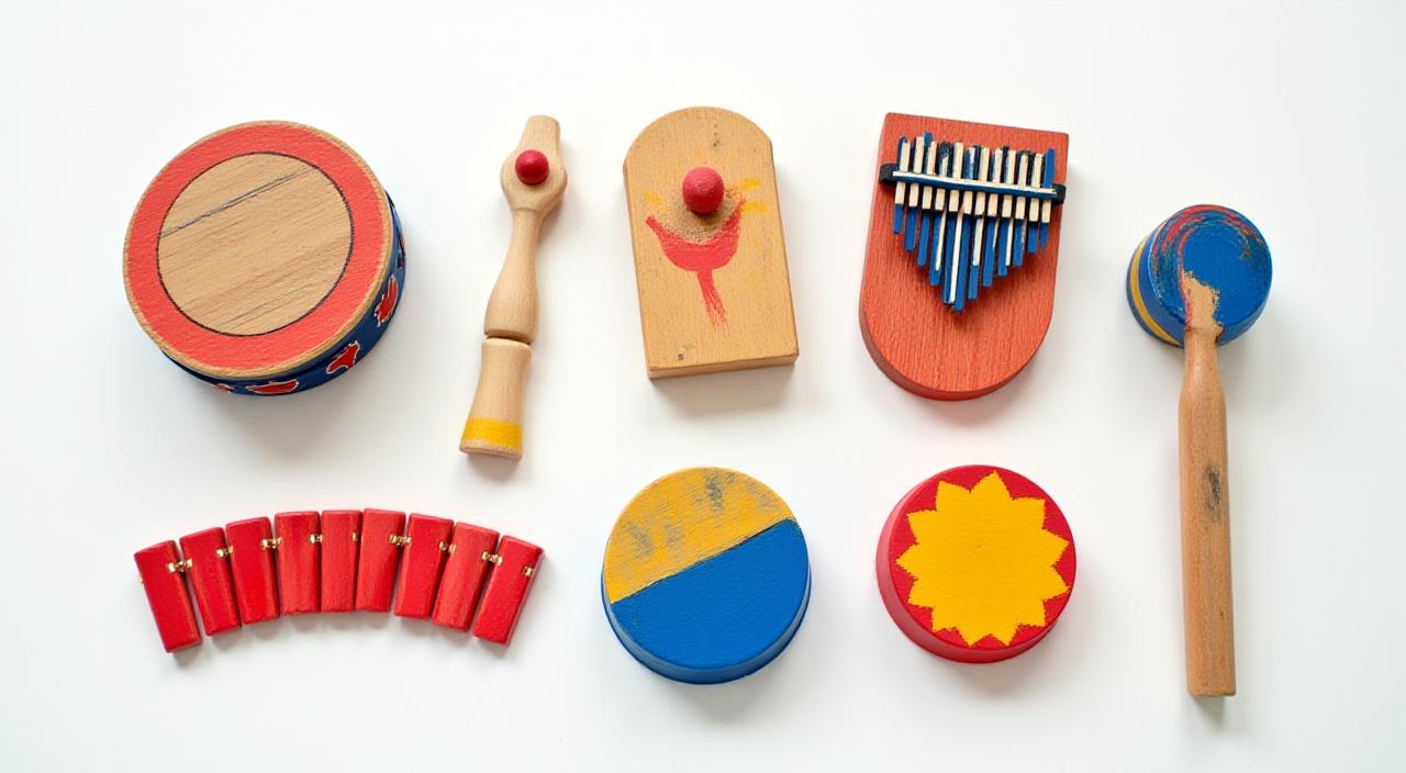 A collection of painted and assembled wooden instruments