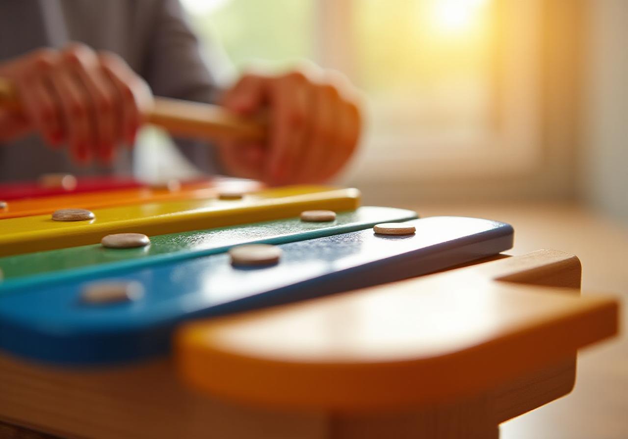 Close up of a handcrafted wooden xylophone with colorful bars